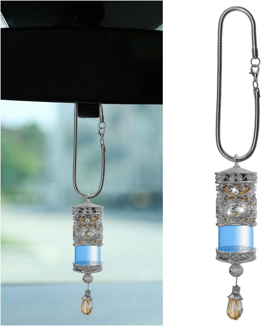 51eSwrwYoCL._AC_SL1200_.jpg Hanging Car Air Freshener Diffuser, Refillable Essential Oils Empty Perfume Bottle, Alloy Car Aromatherapy Fragrance Perfume Pendant Bottle, Universal Car Interior Ornaments Decor (Silver) - Image 1
