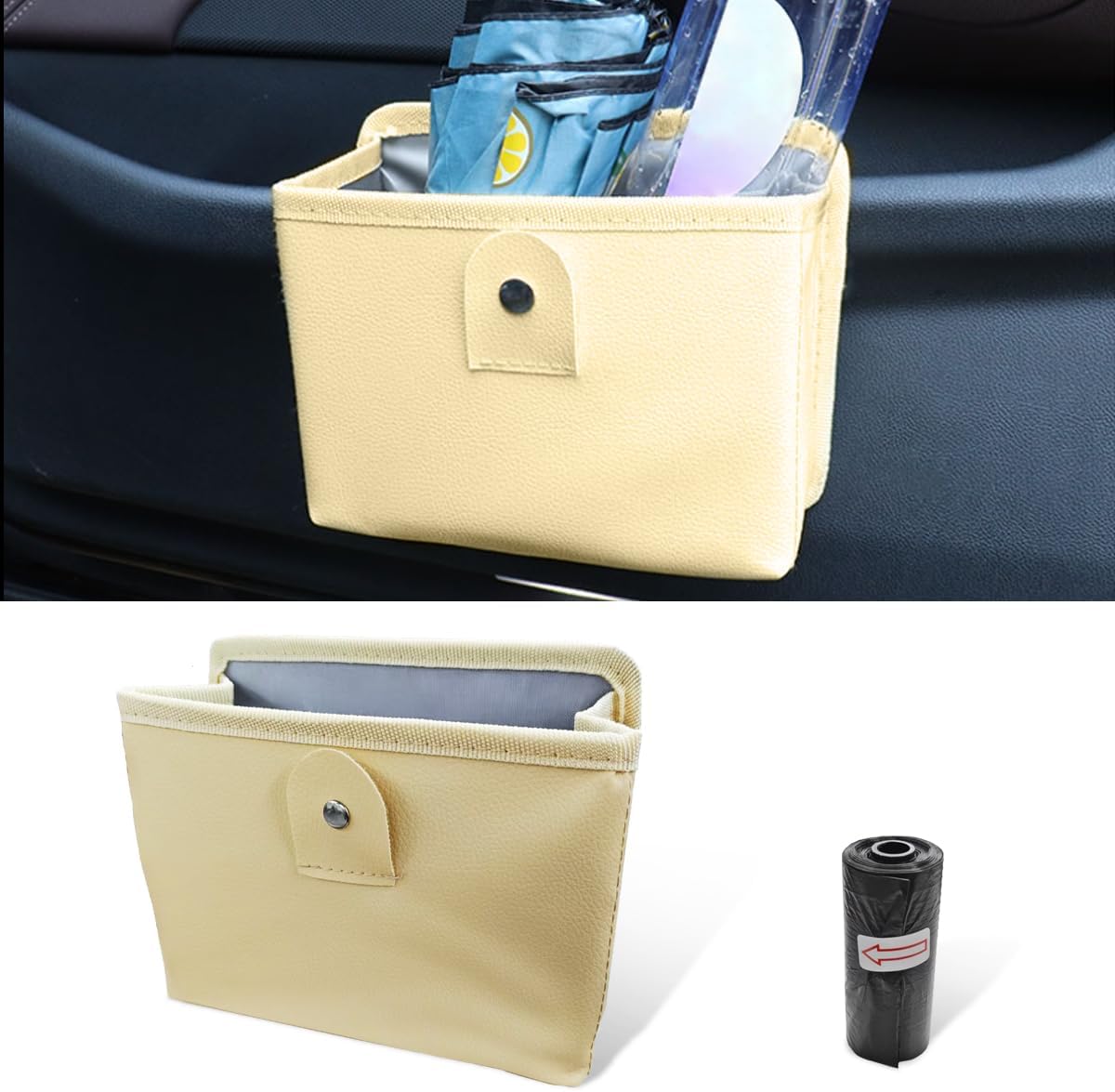 61DByLaAK9L._AC_SL1200_.jpg Car Trash Can, Hanging Storage Container Dustbin, Foldable Garbage Organizer, Leather Mini Car Trash Bin with One Roll Trash Bag, Universal Car Accessories for Vehicles Home Office (Beige) - Image 1