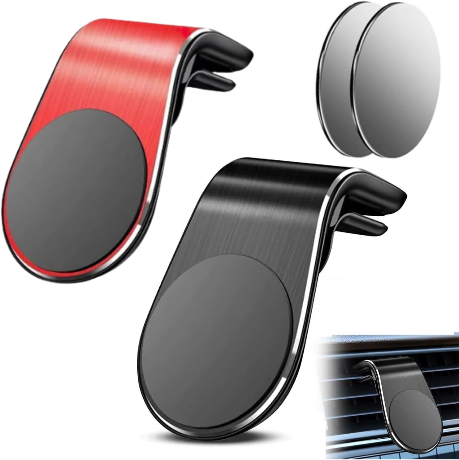 61aJrYwcBWL._AC_SL1500_.jpg 2-Pack Strong Magnetic Car Phone Holder - 360° Rotatable L-Shape Air Vent/Dashboard Mount for iPhone, Samsung, Huawei - Super Sticky Magnet, Universal Smartphone Cradle (Black + Red) - Image 1