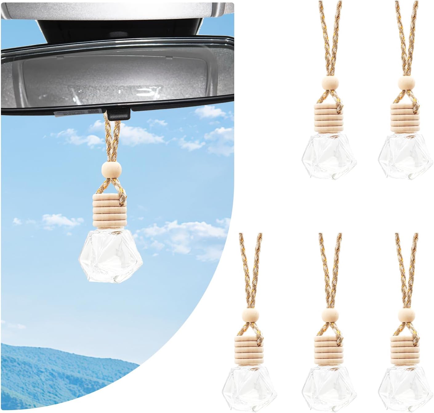 61ghypP5tvL._AC_SL1500_.jpg 5 PCS 8ml Hanging Car Air Freshener, Transparent Glass Vehicle Perfume Bottles with Wooden Cap & Rope, Universal Empty Air Diffuser Fragrance Ornament for Cars Trucks SUVs (Rhombic) - Image 1