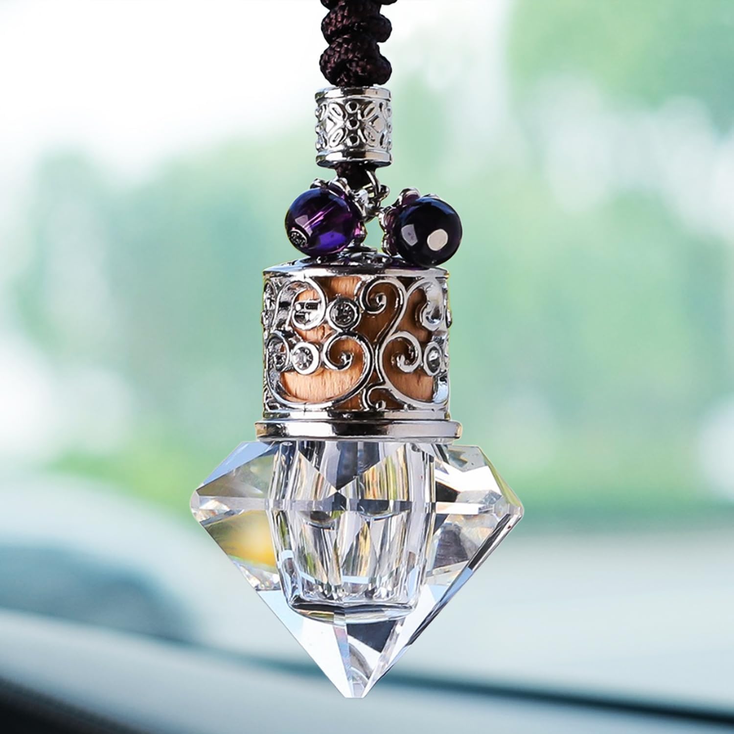 61n2JZhBW2L._AC_SL1500_.jpg Car Air Freshener Diffuser Hanging Ornament, Diamond-Shaped Empty Crystal Bottle Car Mirror Hanging Accessories, Elegant Bottle Pendant with Wooden Caps Rear View Mirror Accessories - Image 1