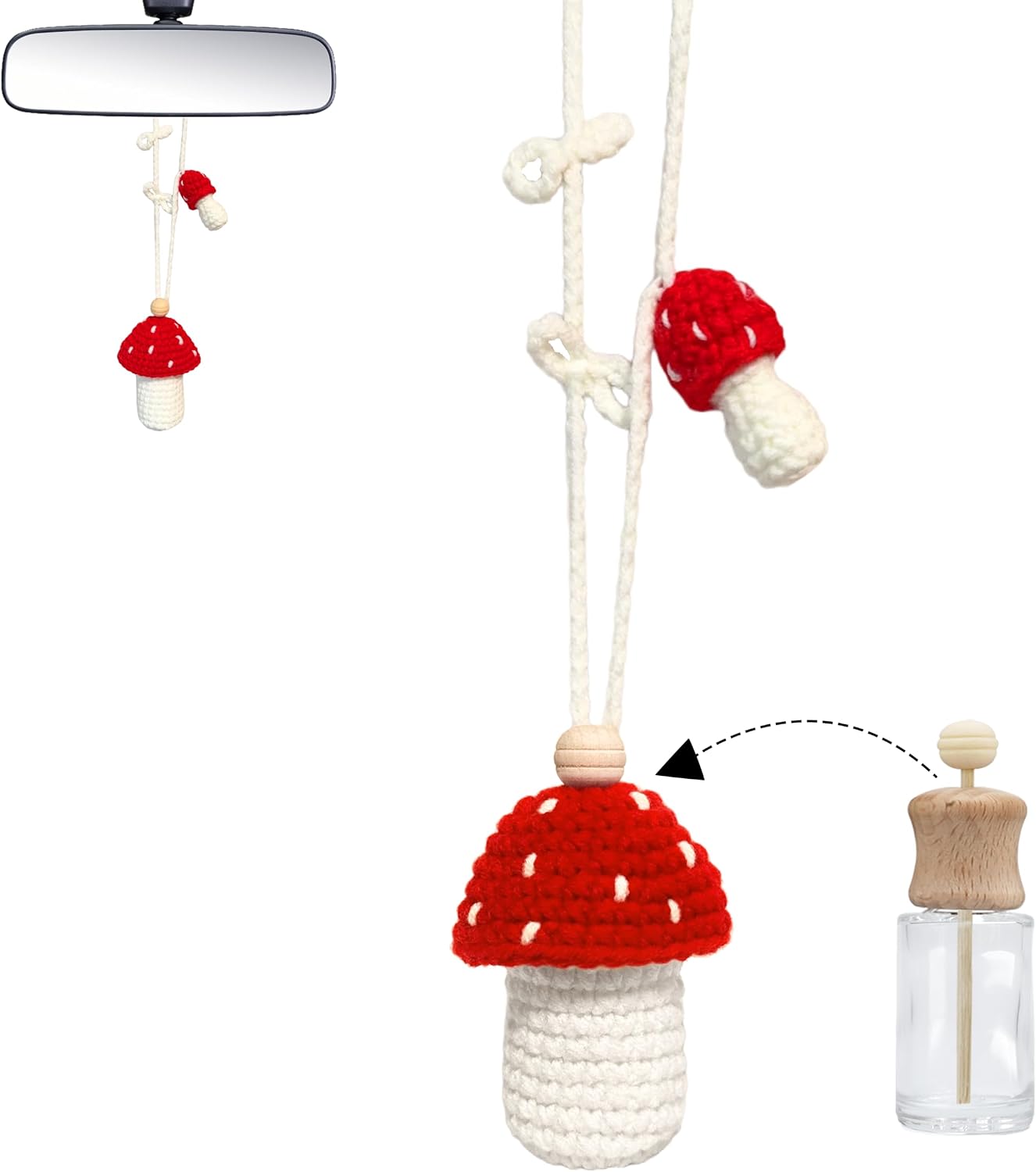 61vj7FxYnL._AC_SL1500_.jpg Cute Crochet Car Air Freshener Hanging Crochet Car Accessories, Cute Cars Fresheners for Women, Red Mushroom - Image 1
