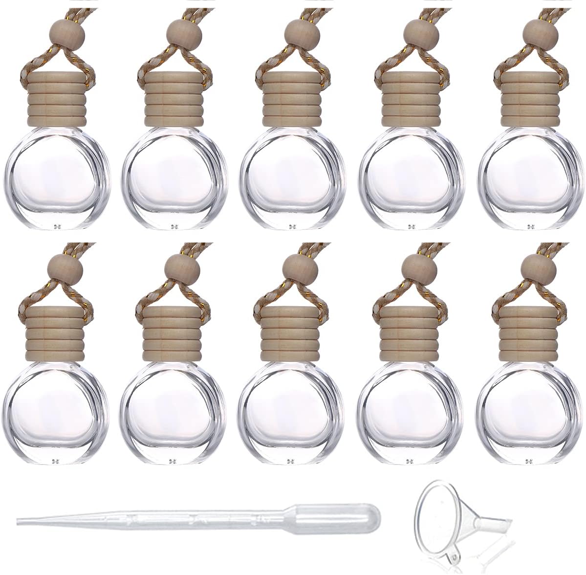 61xHUSVquKL._AC_SL1250_.jpg 10 Pcs 8ml Hanging Essential Oil Diffuser,Empty Clear Glass Oblate Car Air Freshener Perfume Aromatherapy Pendant Bottle Vials With Wooden Caps & Hanging String-FREE 1 Funnel&Dropper - Image 1