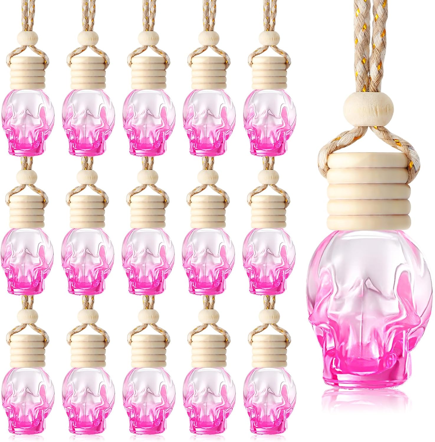 71IQAYebF0L._AC_SL1500_.jpg 20 Pieces Hanging Car Air Freshener Gradient Pink Diffuser Bottles Empty Glass Perfume Refillable Essential Oil Aromatherapy Diffuser Pendant for Auto Interior Accessories(Skull Style) - Image 1