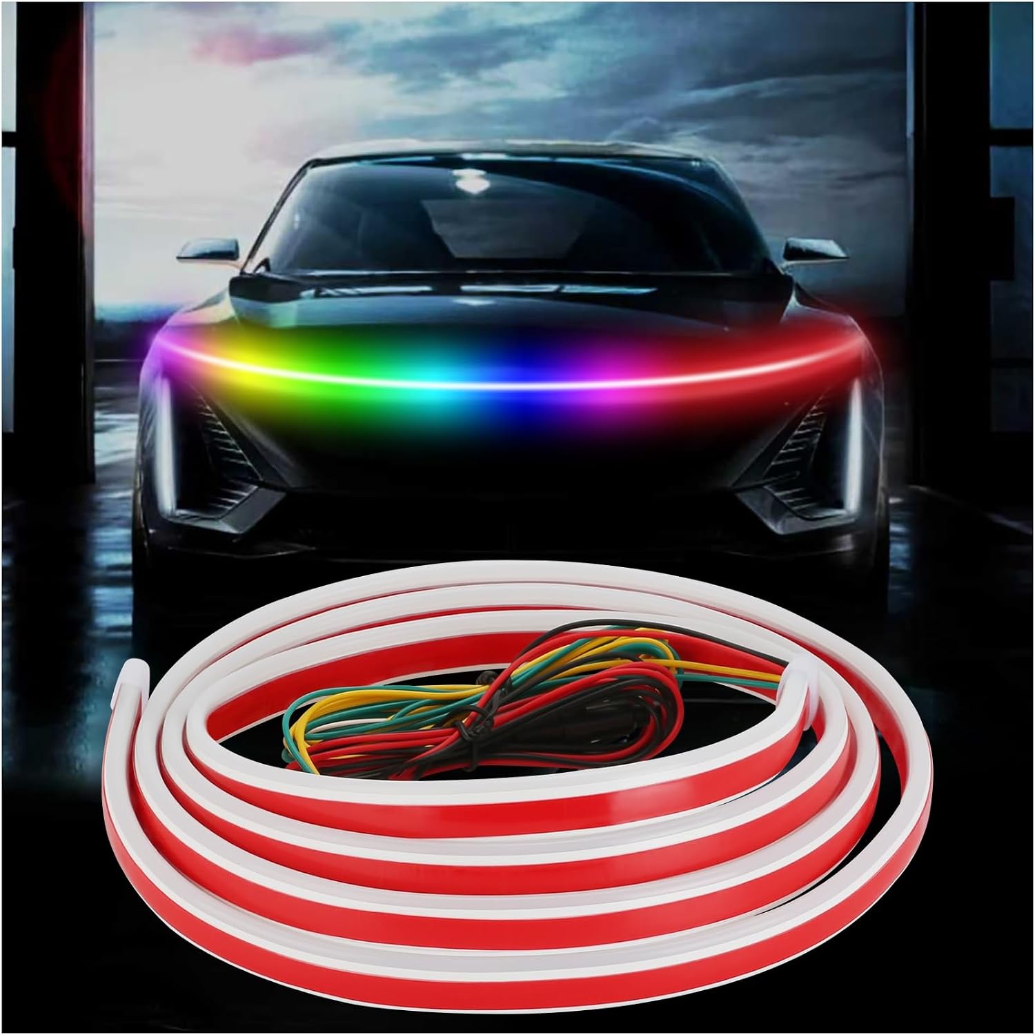 71MMZZM0gL._AC_SL1500_.jpg Car LED Hood Light Strip, 70 Inch 12V RGB APP Control Flexible Waterproof Daytime Running Lights with Turn Signal, Universal Bonnet Gap Glow Decoration Accessories for Cars, SUVs, Trucks - Image 1