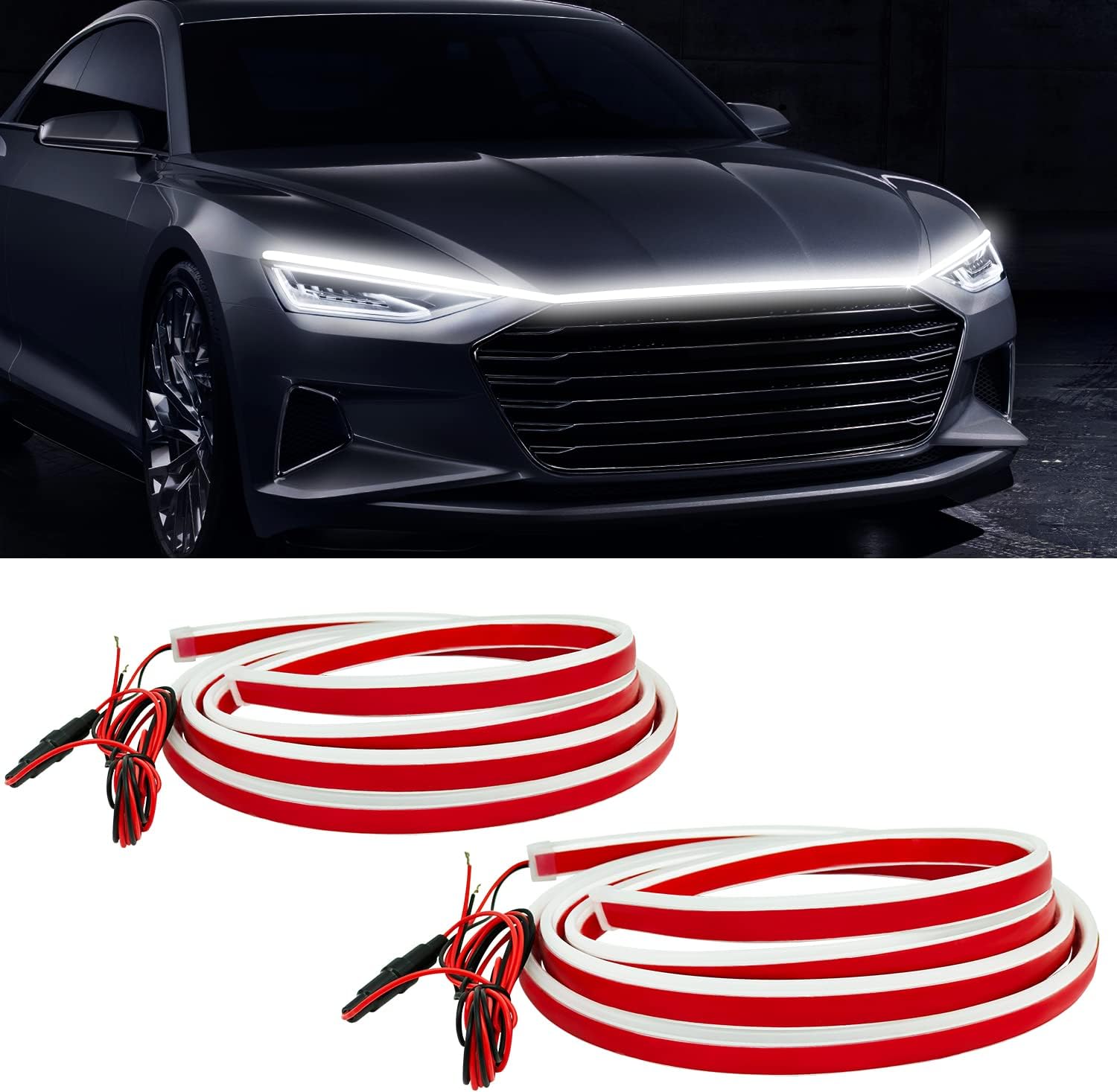 71VMtLaimUL._AC_SL1500_.jpg 2 Pack of 71 Inches Dynamic Car Hood Light Strip, Car LED Strip Light, Exterior Flexible Daytime Running Light Strip for Cars, Trucks, SUVs, Bright Cool White - Image 1