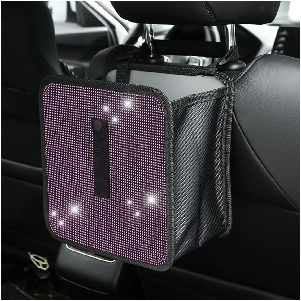 71n4JG8Wr3L._AC_SL1200_.jpg Car Foldable Trash Can, Bling Rhinestone Crystal Auto Hanging Waterproof Leakproof Garbage Bin, Vehicle Waste Basket Dustbin, Multipurpose Car Organizer Accessories for Truck RV (Pink) - Image 1