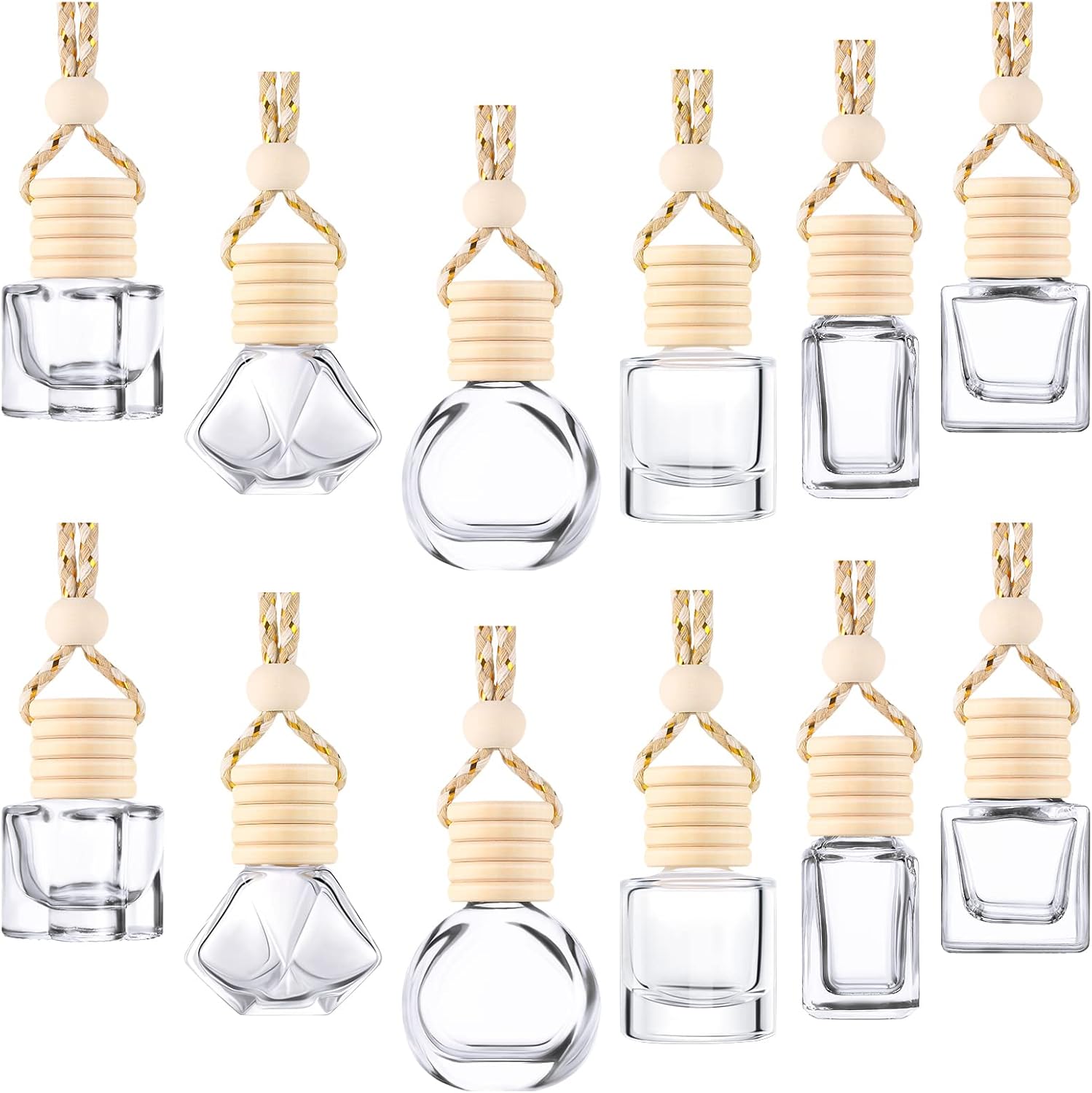 71xq-NNh1aL._AC_SL1500_.jpg 12 Pcs 8ml Hanging Car Air Freshener Diffuser Bottle Empty Clear Glass Essential Perfume Oil Aromatherapy Fragrance Perfume Pendant Glass Bottle Decor with Wooden Caps(Assorted Style) - Image 1