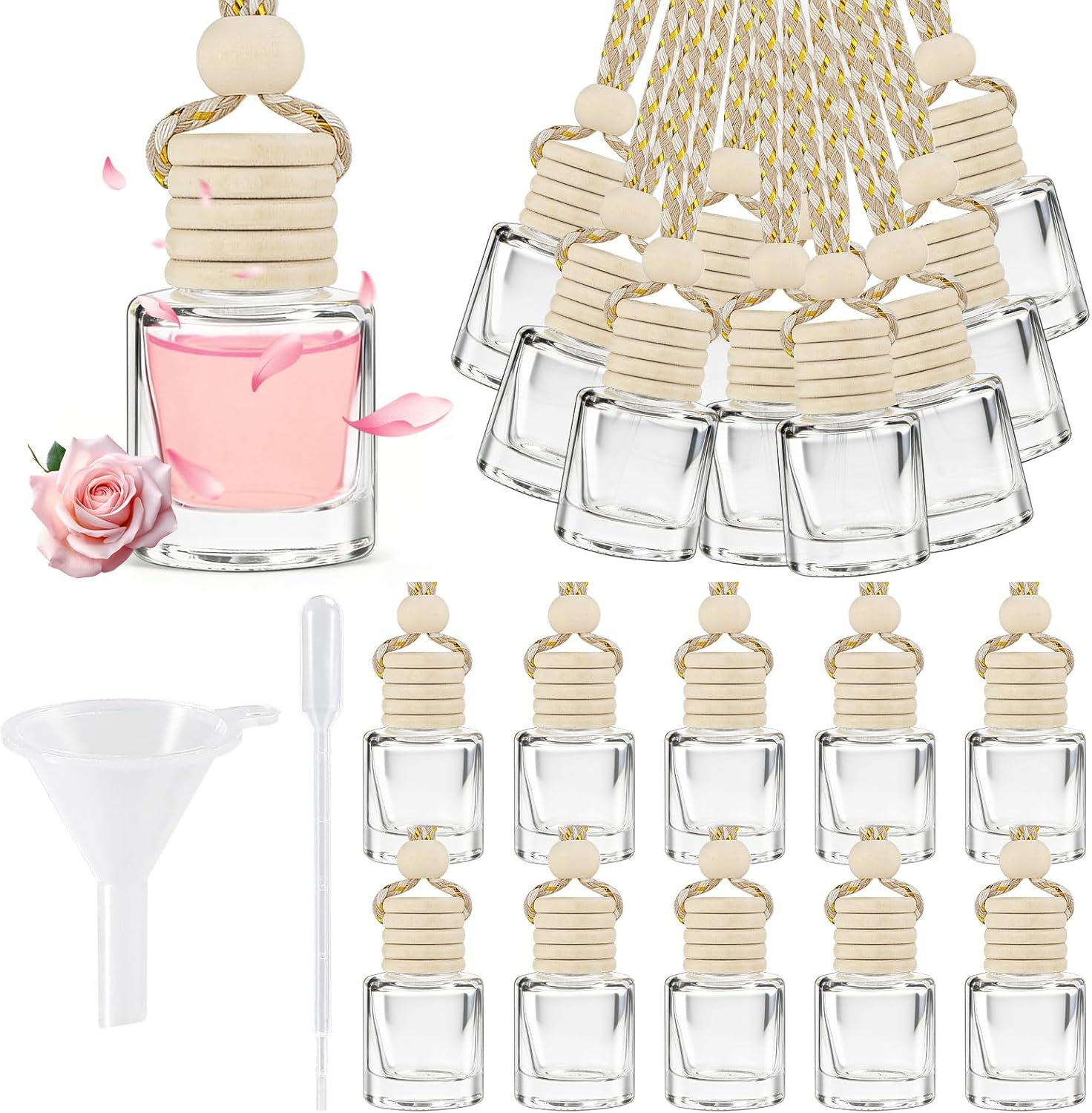 811-sEvwKhL._AC_SL1500_.jpg 20 Pcs Car Diffuser Bottle Set with Wooden Caps,Dropper and Funnel, Empty Glass Car Air Freshener Bottle Bulk Hanging Essential Oil Fragrance Pendants for Car Decor,Can DIY Car Air Freshners Diffuser - Image 1