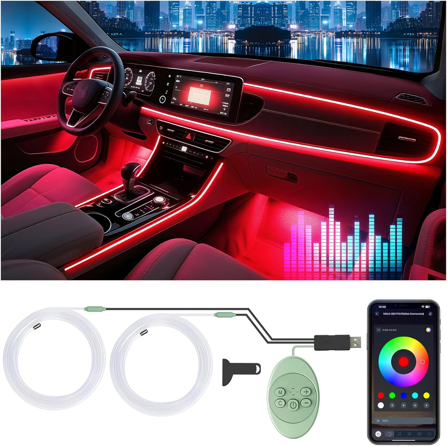 81UWnoanT1L._AC_SL1500_.jpg Car Led Strip Lights, Interior Car Lights, App Control Ambient Lighting Kit With RGB 16 Million Colors Fiber Optics&Music Sync Rhythm, USB Neon Light Accessories for Center Console&Dashboard, Upgraded - Image 1