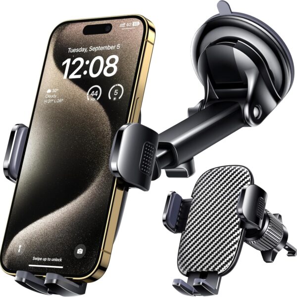 Car Phone Mount — Suitable for Windshields, Dashboards, and Air Vents; Universal Hands-Free Car Phone Holder; Can Also Be Used as a Smartphone/Camera Stand
